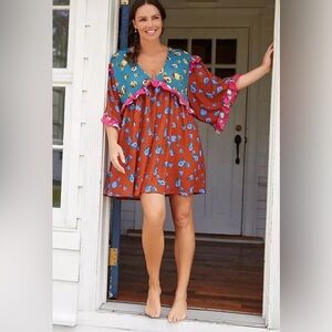 ANTHROPOLOGIE Ruffle Sleeve Oversized Color Block Mini Babydoll Dress